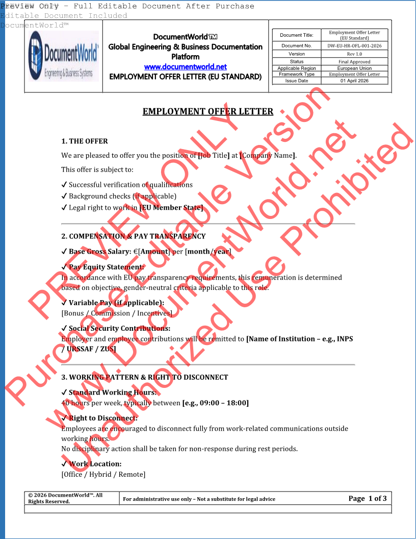 EU Employment Offer Letter Template – Job Offer Letter (GDPR & Pay Transparency Compliant, Editable DOCX)