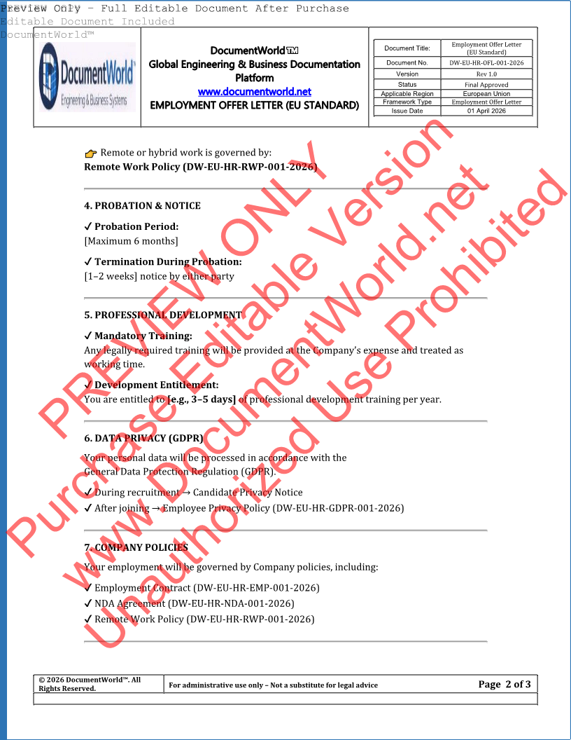 EU Employment Offer Letter Template – Job Offer Letter (GDPR & Pay Transparency Compliant, Editable DOCX)