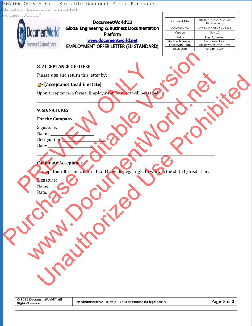 EU Employment Offer Letter Template – Job Offer Letter (GDPR & Pay Transparency Compliant, Editable DOCX)