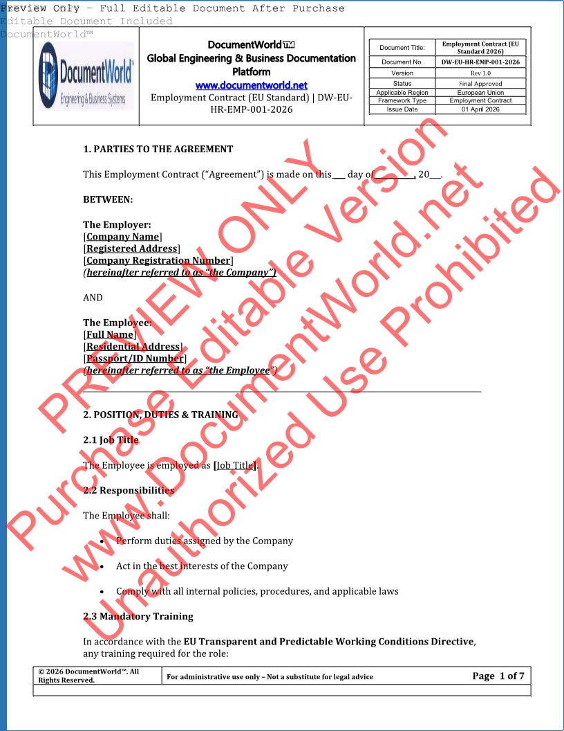 EU Employment Contract Template (GDPR Compliant – Editable DOCX)