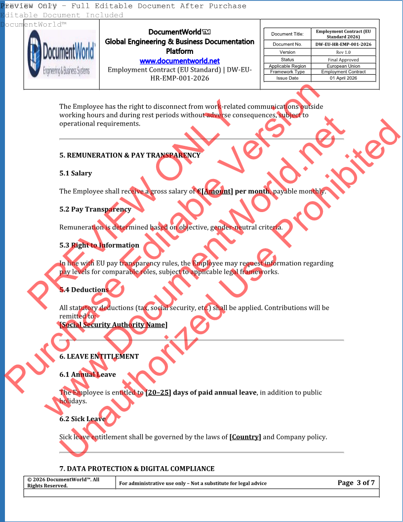 EU Employment Contract Template (GDPR Compliant – Editable DOCX)