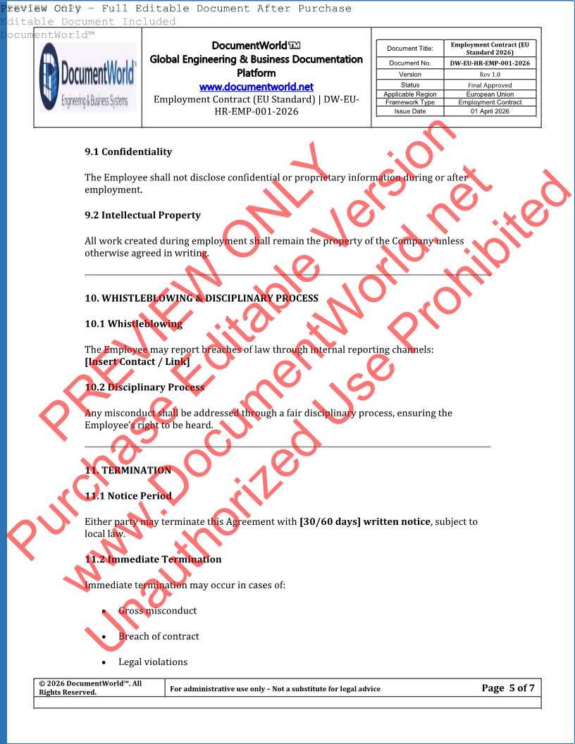 EU Employment Contract Template (GDPR Compliant – Editable DOCX)