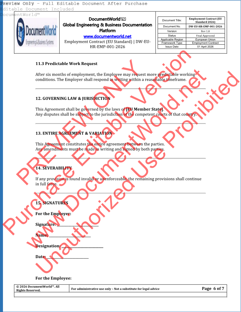 EU Employment Contract Template (GDPR Compliant – Editable DOCX)