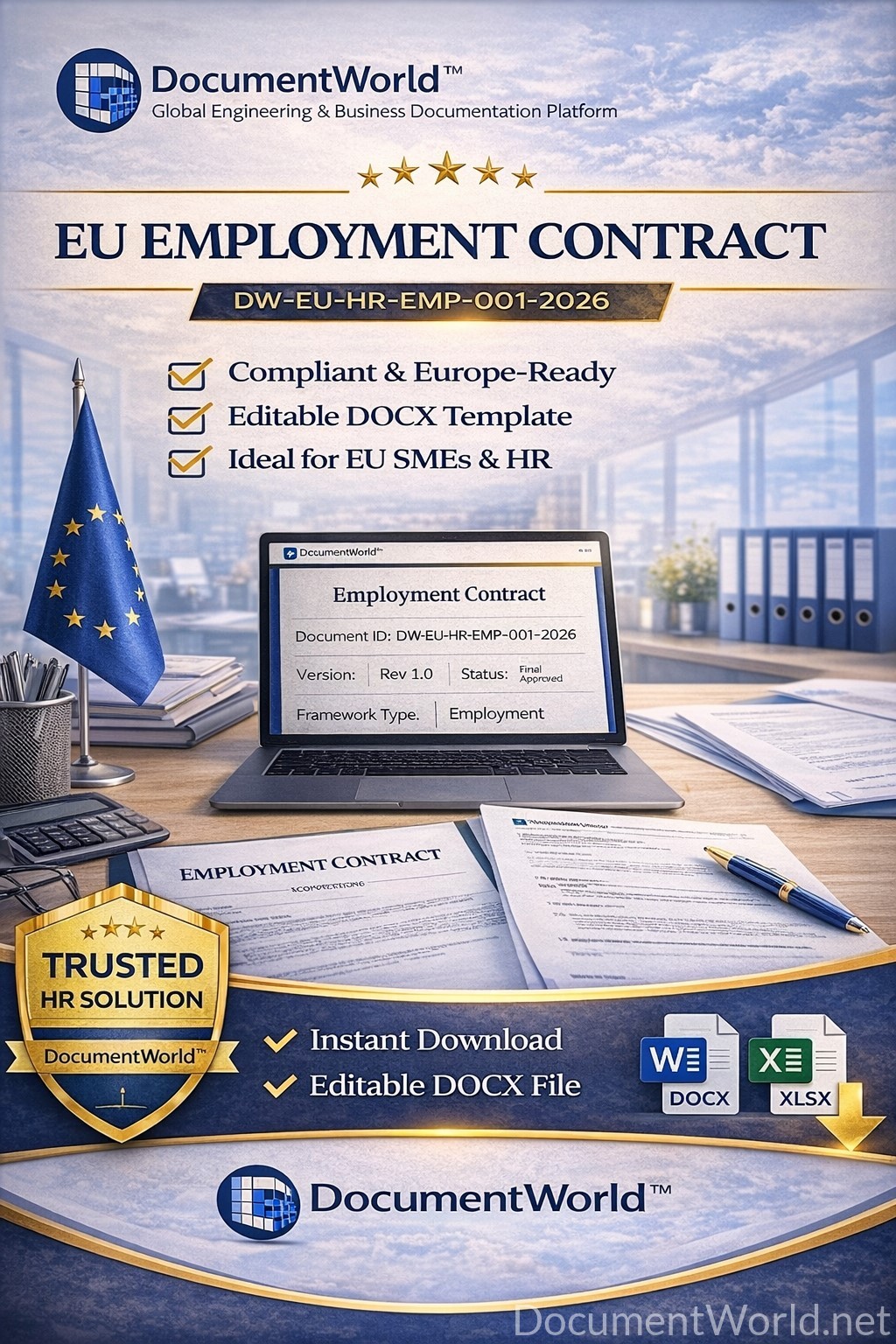 EU employment contract template GDPR compliant HR agreement editable Word document for European SMEs startups