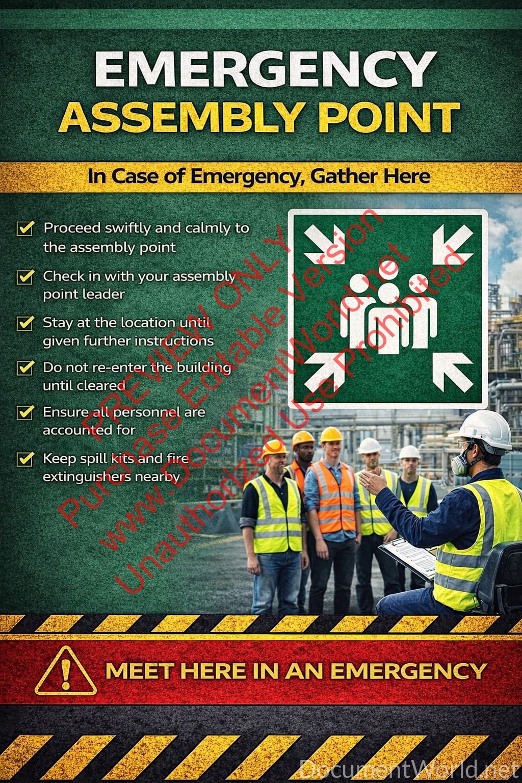 Emergency Assembly Point Poster showing workers gathering at muster point with safety guidance – A3 A4 printable workplace safety signage