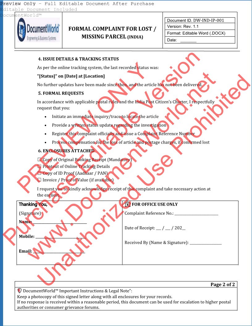 India Post Lost Parcel Complaint Letter Cover – Professional Ready-to-Submit Format DocumentWorld