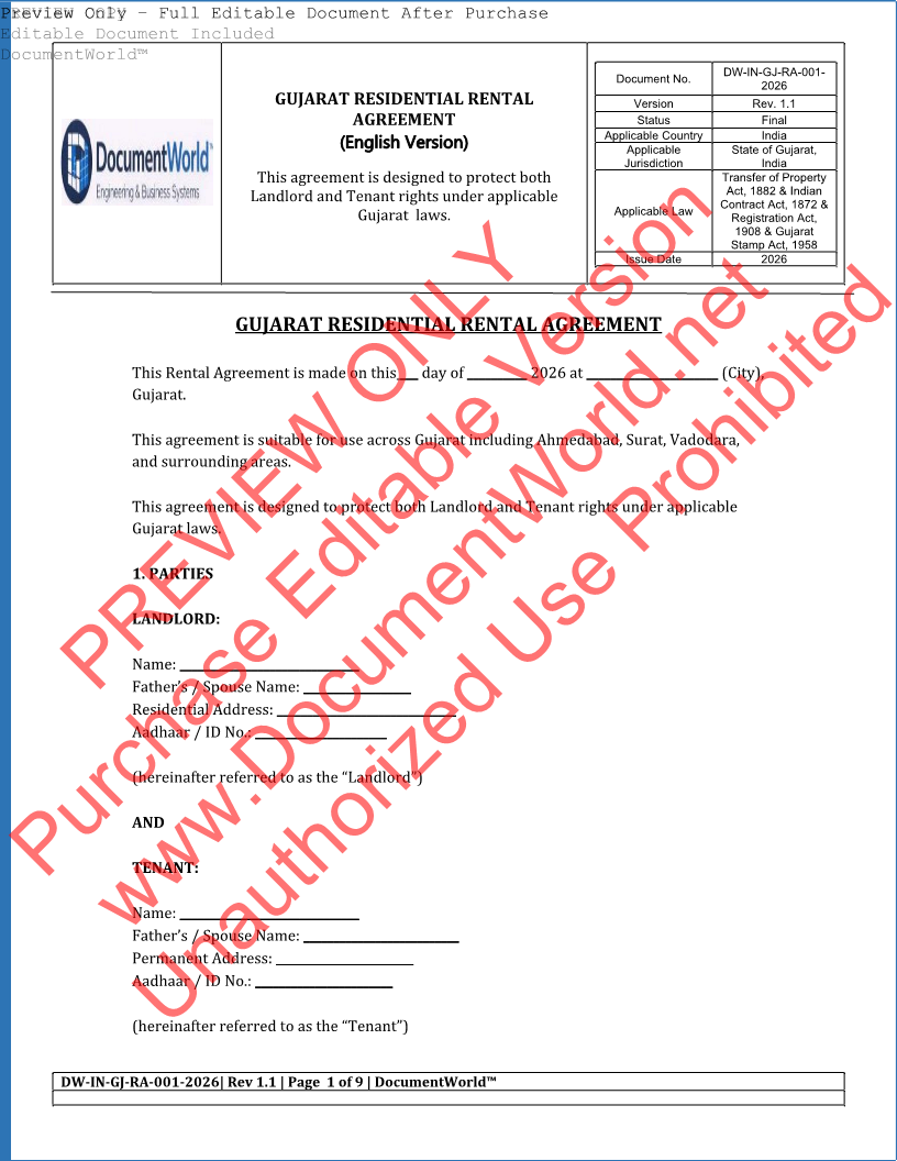 Gujarat rental agreement template 2026 editable house rent agreement Ahmedabad Surat Vadodara Word download India