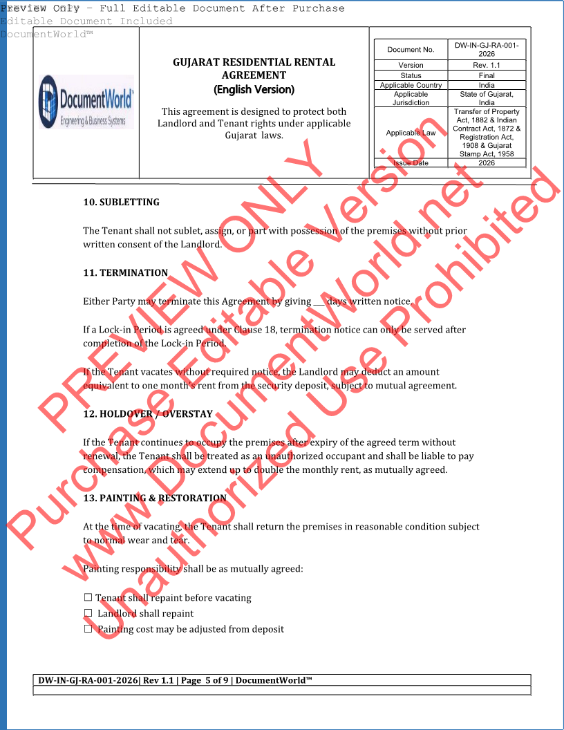 Gujarat Rental Agreement Format – Editable House Rent Agreement Word Template (Ahmedabad 2026 Legal)