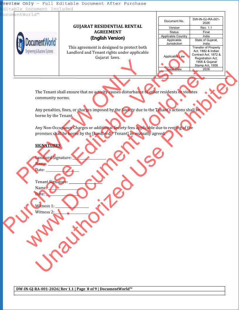 Gujarat Rental Agreement Format – Editable House Rent Agreement Word Template (Ahmedabad 2026 Legal)