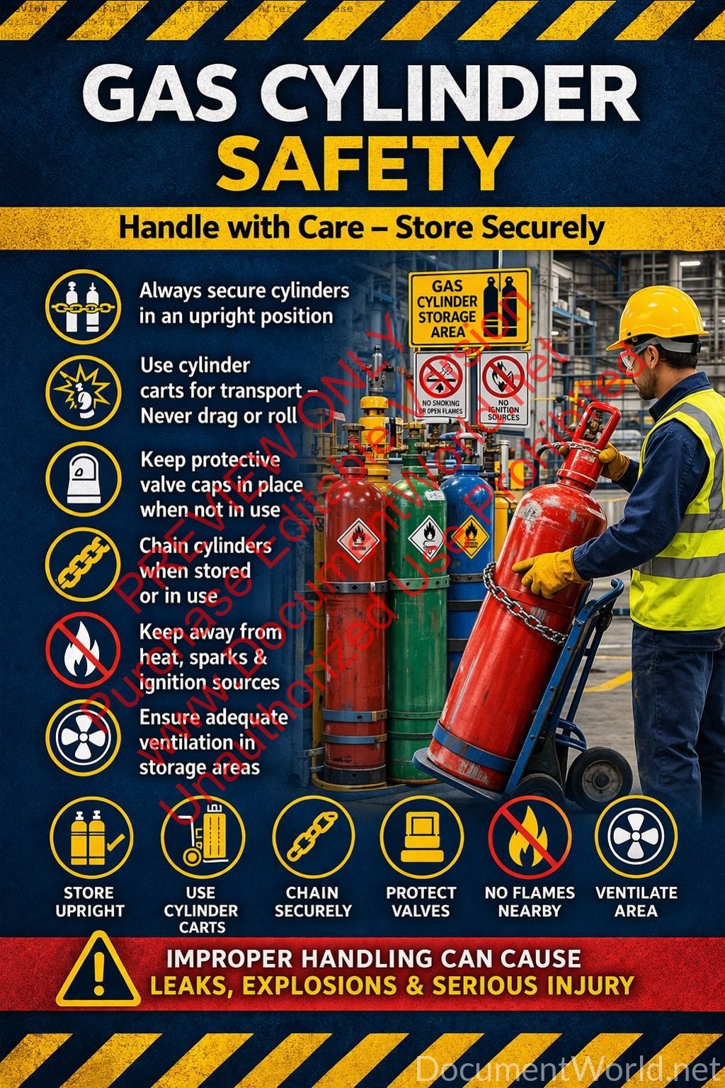 Gas Cylinder Safety Poster showing secured cylinders and PPE handling guidelines – A3 A4 printable industrial safety signage