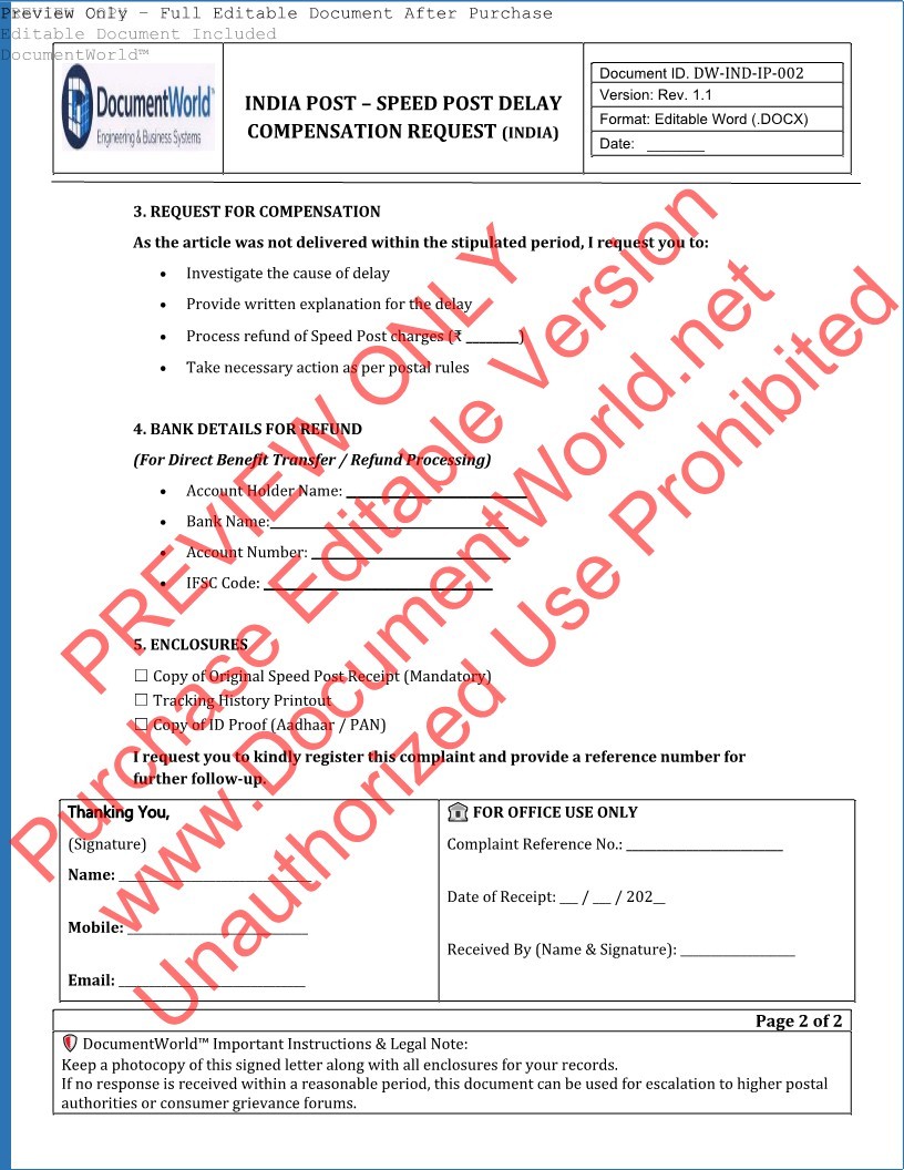 Speed Post Delay Compensation Request Letter India Post Format Editable DOCX DocumentWorld