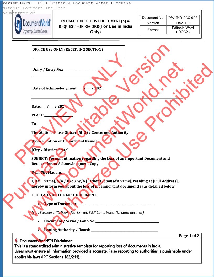 Lost Document Intimation Letter (India) – Editable Format for RC, Passport, Marksheet | Instant Download