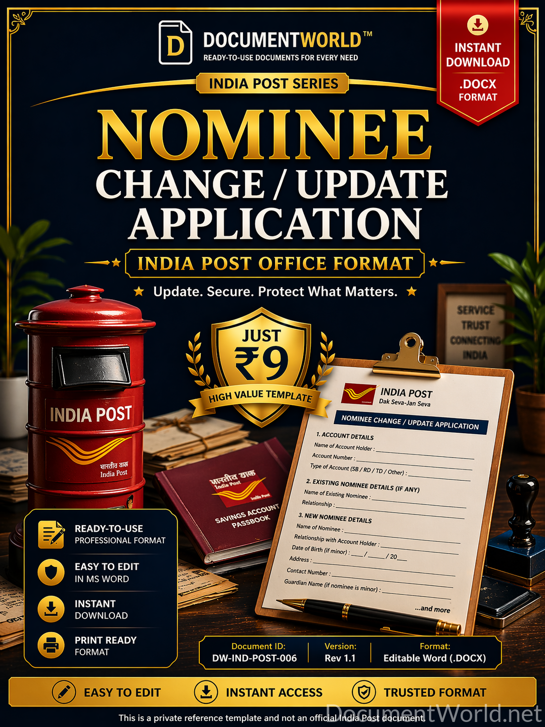 India Post nominee change update application form editable Word template for adding removing nominee post office account India