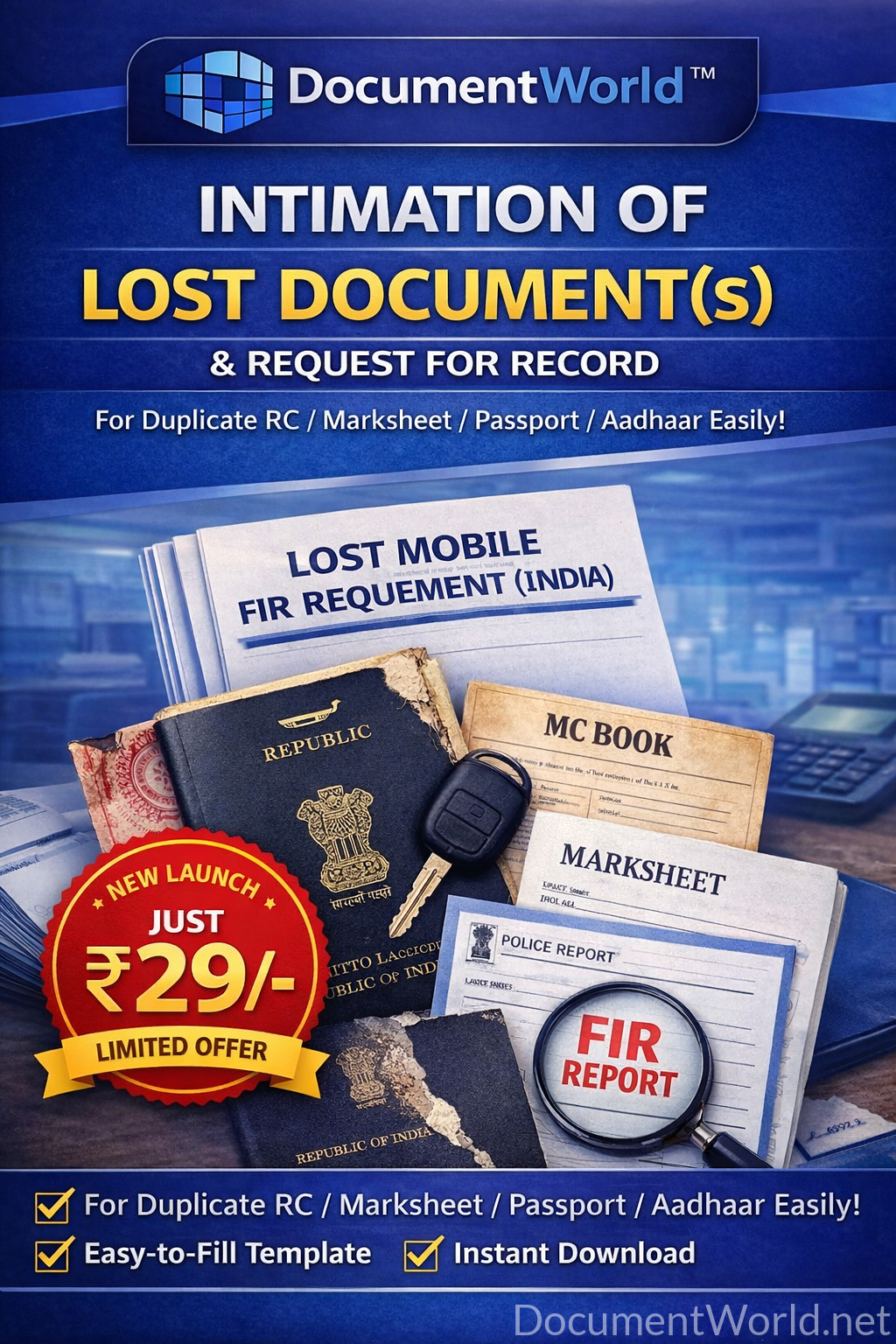 Lost Document Intimation Letter (India) – Editable Format for RC, Passport, Marksheet | Instant Download
