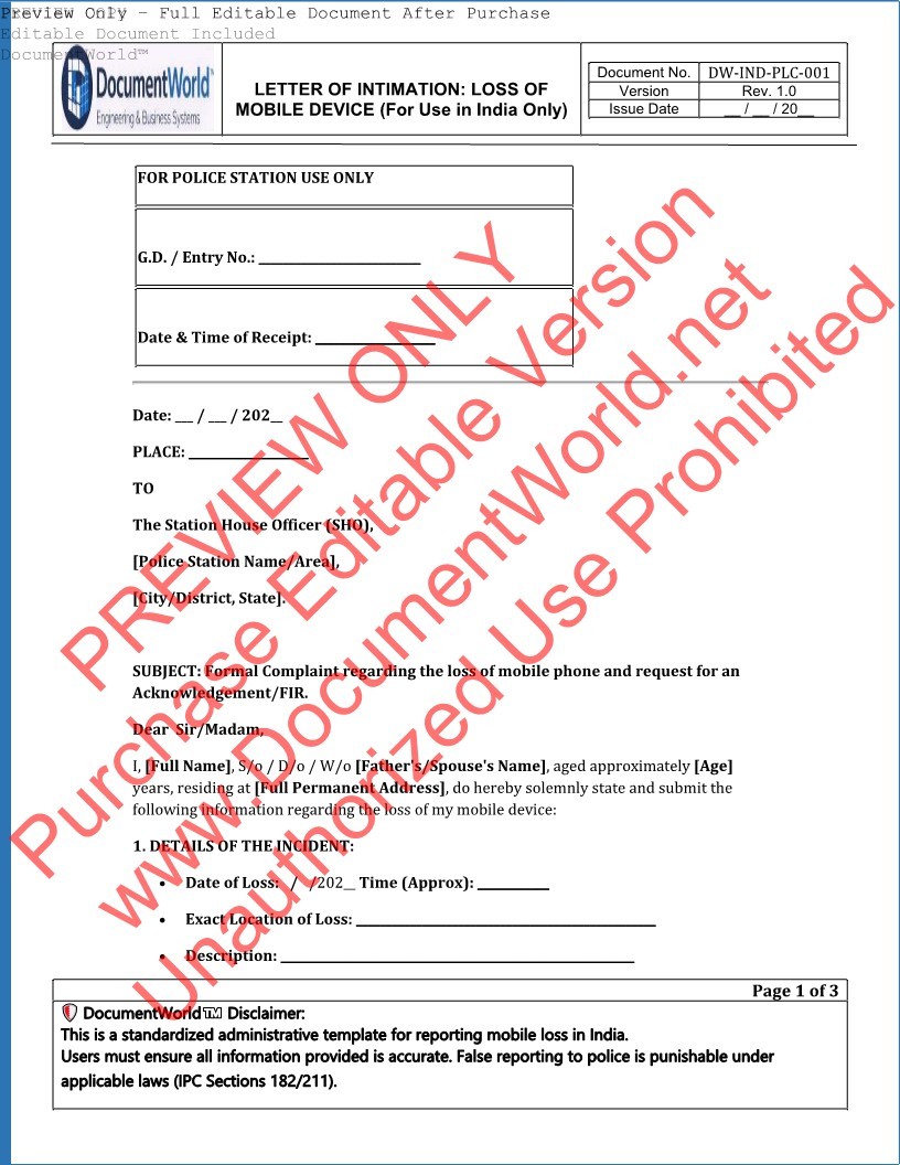 Lost mobile FIR request letter India template editable Word document IMEI SIM block complaint format DocumentWorld