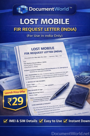 Lost Mobile FIR Request Letter (India) – Editable Word Template | IMEI + SIM Block Format | Instant Download