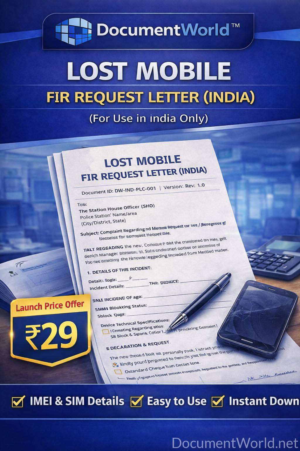 Lost Mobile FIR Request Letter (India) – Editable Word Template | IMEI + SIM Block Format | Instant Download