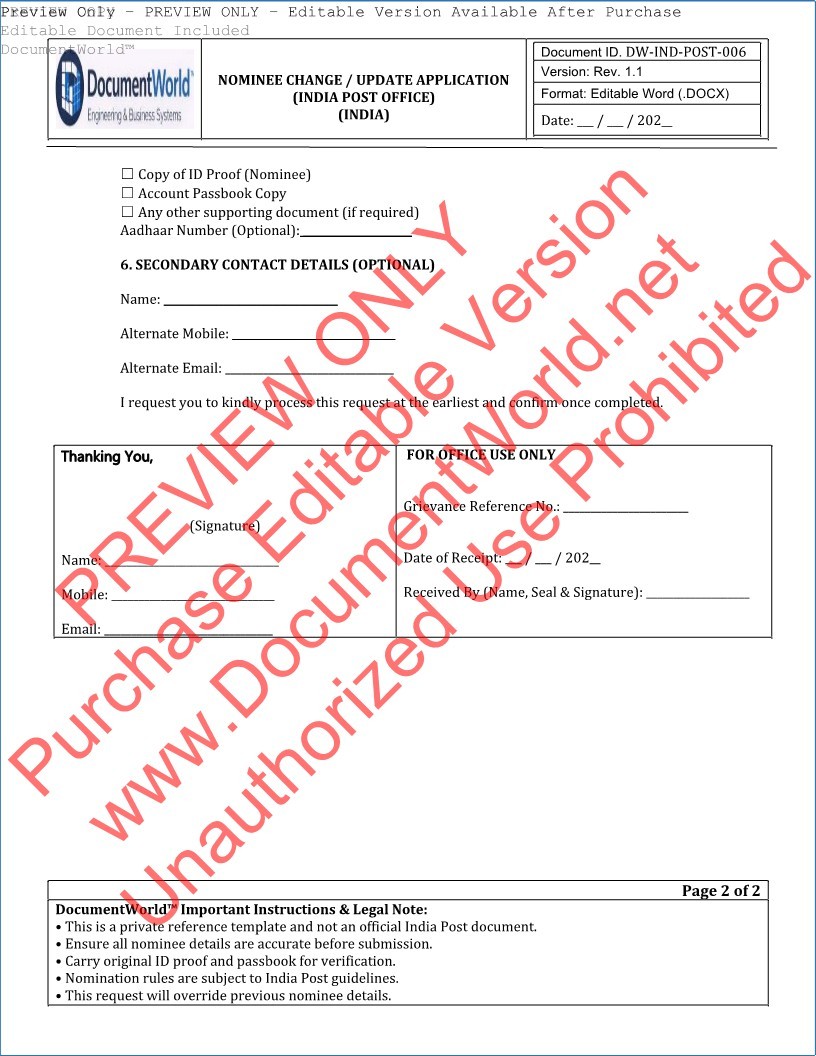 India Post nominee change update application form editable Word template for adding removing nominee post office account India