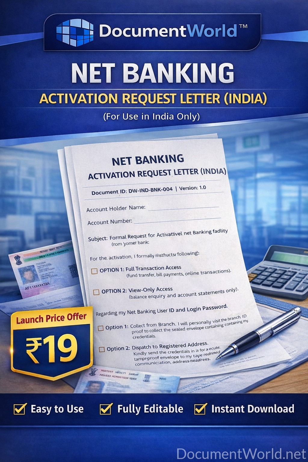 Net Banking Activation Request Letter (India) – Editable Word Format | Instant Download ₹19