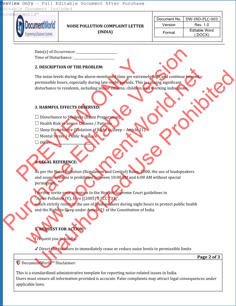 noise pollution complaint letter india police format loudspeaker complaint night disturbance legal template documentworld