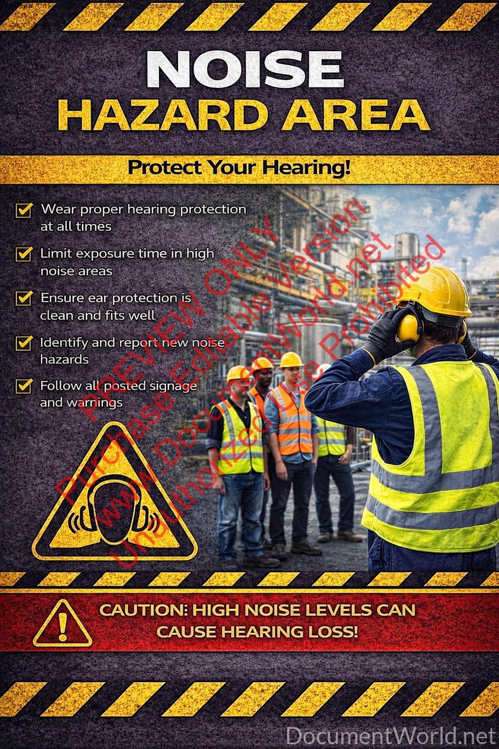 Noise Hazard Area Safety Poster showing worker wearing ear protection in industrial environment – A3 A4 printable workplace safety signage