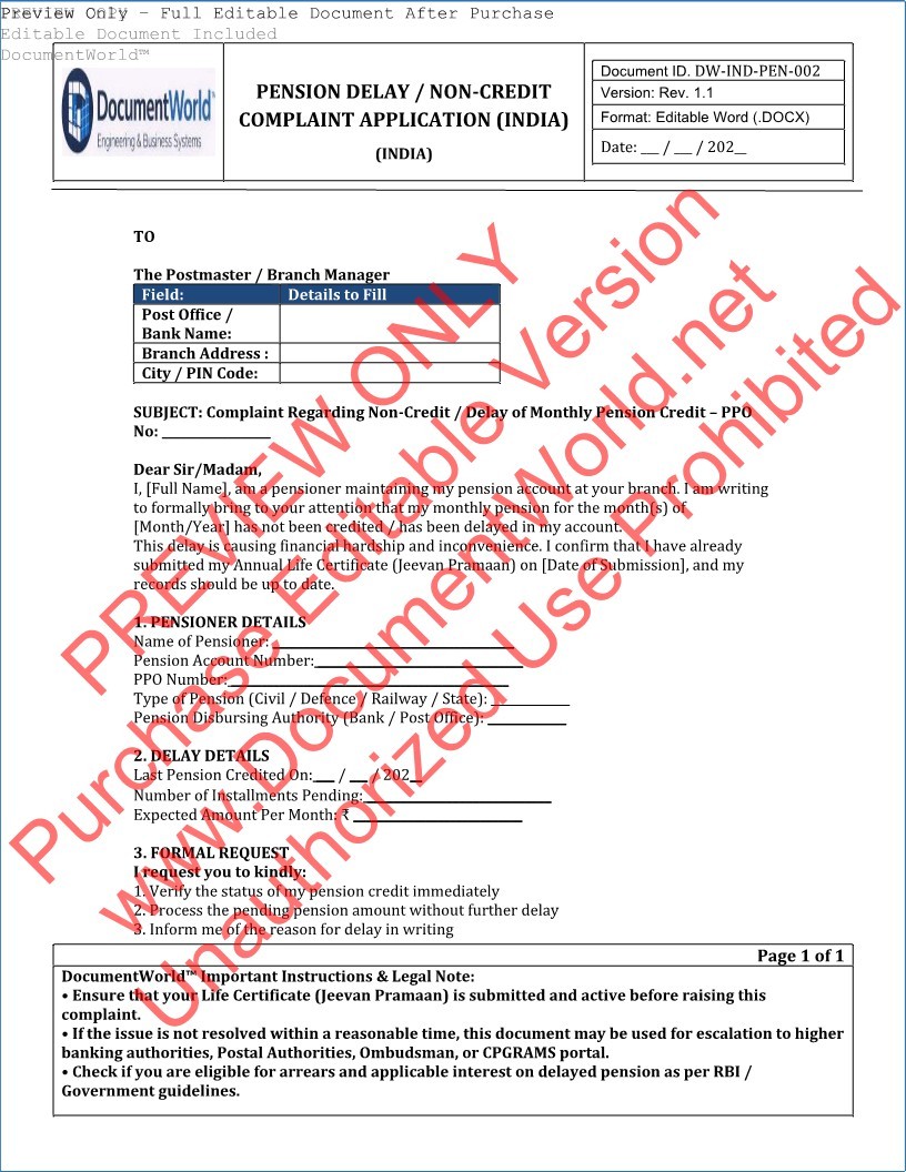 Pension delay complaint letter India editable Word template for bank and post office non credit pension application