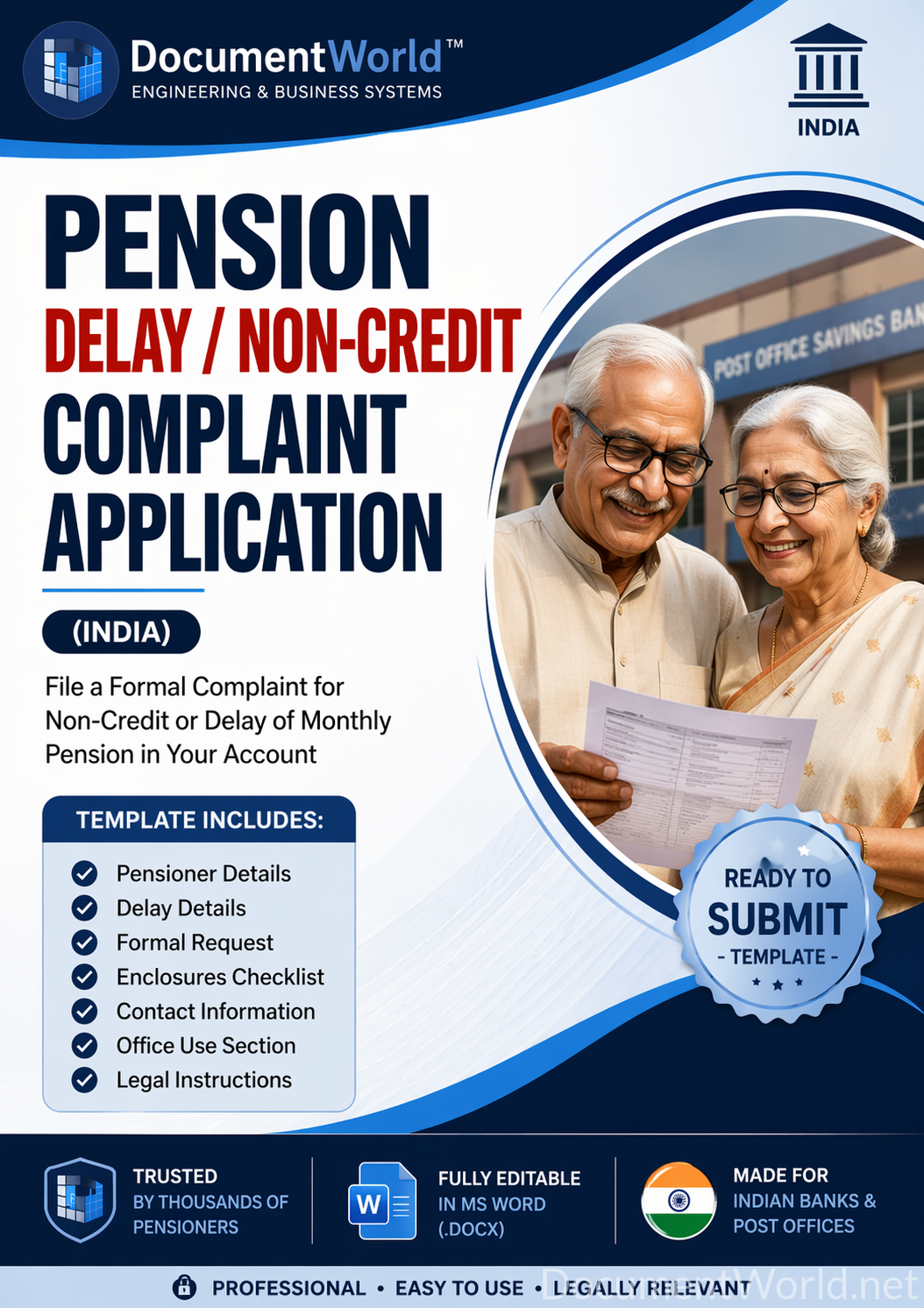 Pension Delay / Non-Credit Complaint Application (India) – Editable Word Format | Instant Download