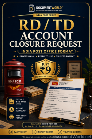 India Post RD/TD Account Closure Request Letter (Editable Word Format) – Instant Download-💰 Price: ₹9 Only