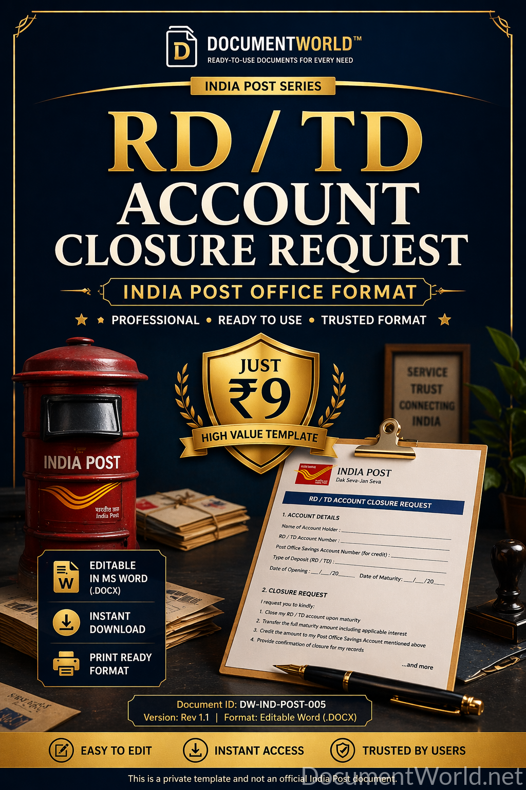 India Post RD/TD Account Closure Request Letter (Editable Word Format) – Instant Download-💰 Price: ₹9 Only