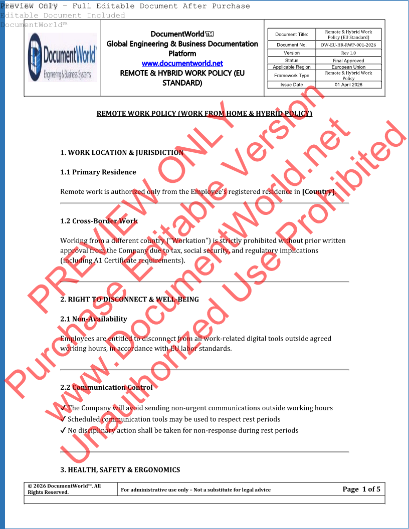 EU remote work policy template editable DOCX hybrid work from home policy GDPR compliant EU HR document