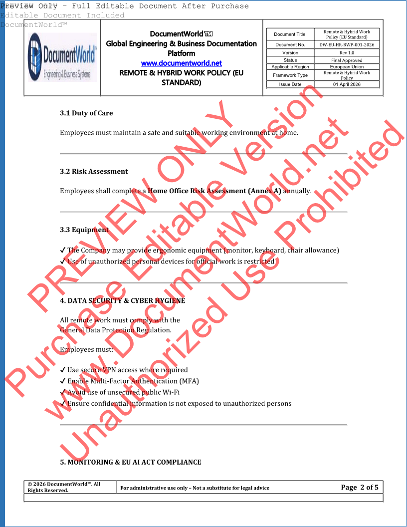 EU Remote Work Policy Template – Work From Home & Hybrid Policy (GDPR & EU AI Act Compliant, Editable DOCX)