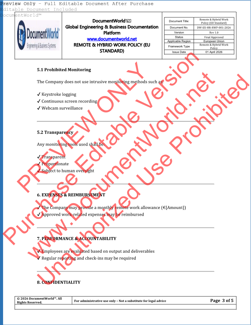 EU Remote Work Policy Template – Work From Home & Hybrid Policy (GDPR & EU AI Act Compliant, Editable DOCX)