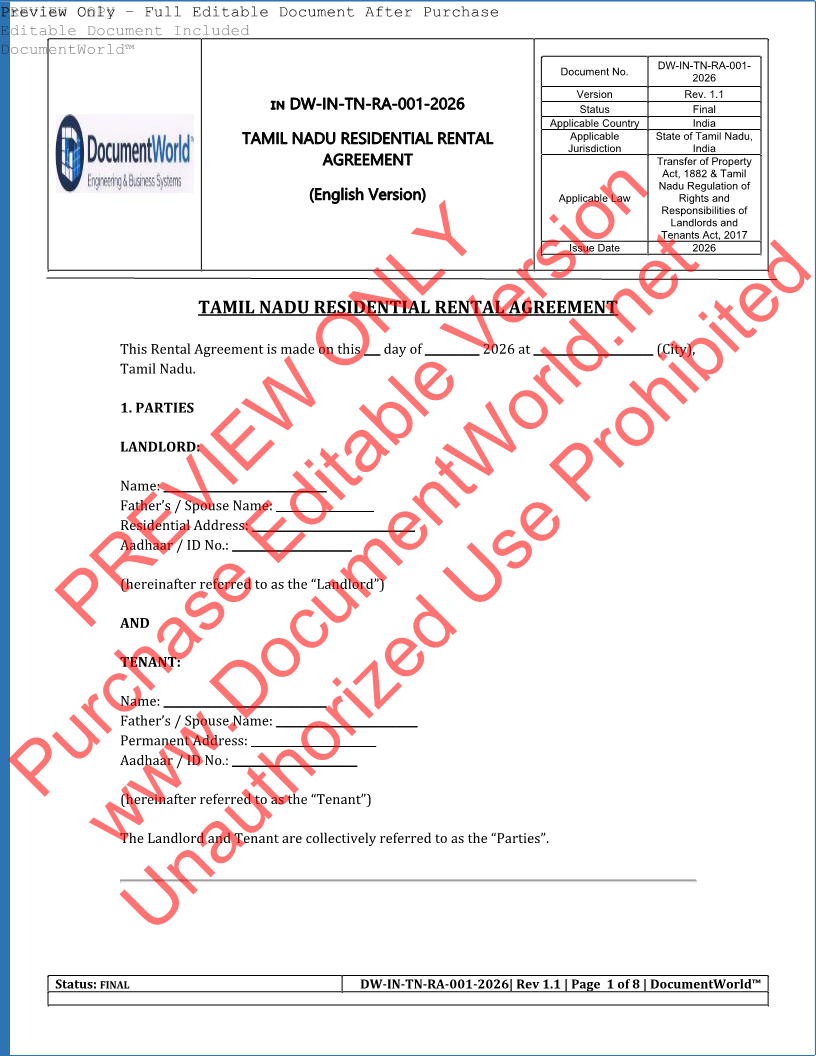 Tamil Nadu residential rental agreement template 2026 India editable house rent agreement Chennai legal format Word download