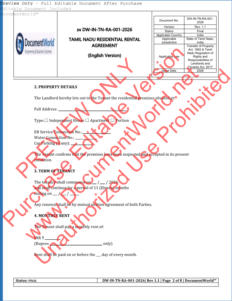 Tamil Nadu Residential Rental Agreement Template – Editable Word Format (2026 India Legal)
