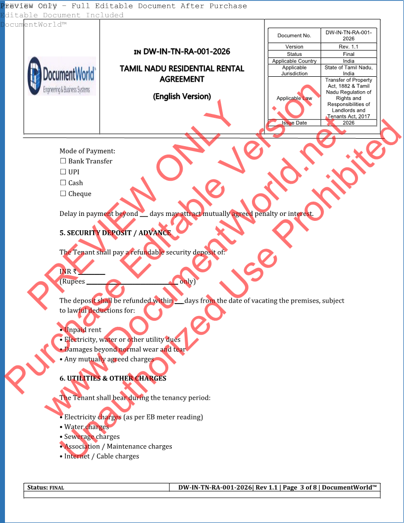 Tamil Nadu Residential Rental Agreement Template – Editable Word Format (2026 India Legal)