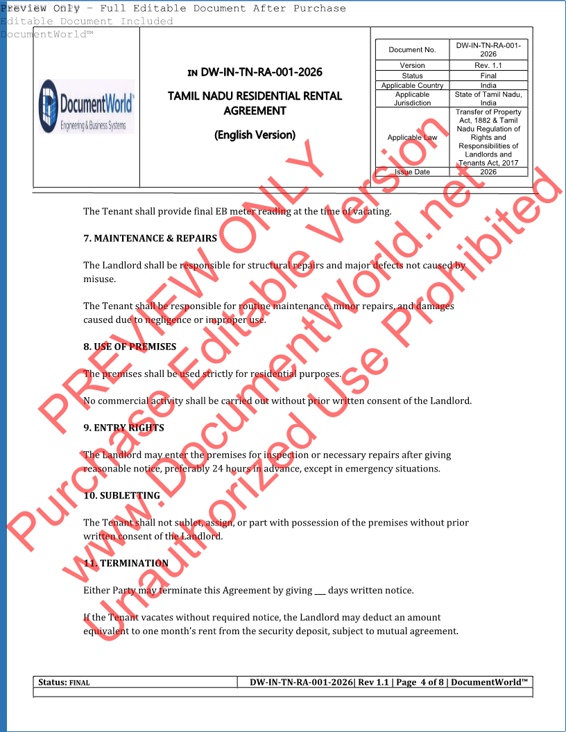 Tamil Nadu Residential Rental Agreement Template – Editable Word Format (2026 India Legal)