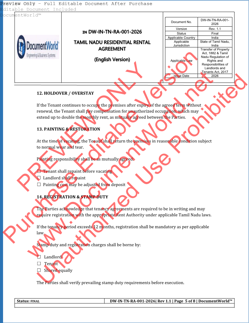 Tamil Nadu Residential Rental Agreement Template – Editable Word Format (2026 India Legal)