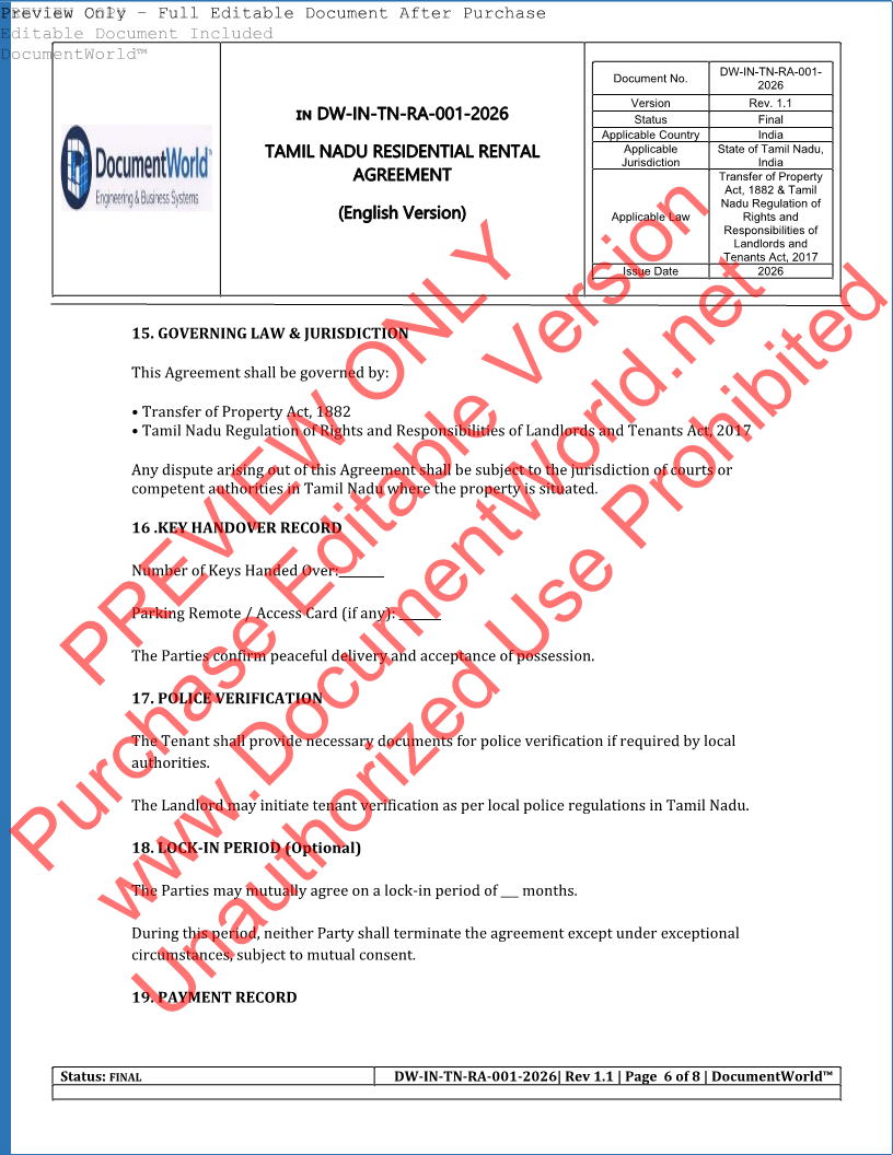 Tamil Nadu Residential Rental Agreement Template – Editable Word Format (2026 India Legal)