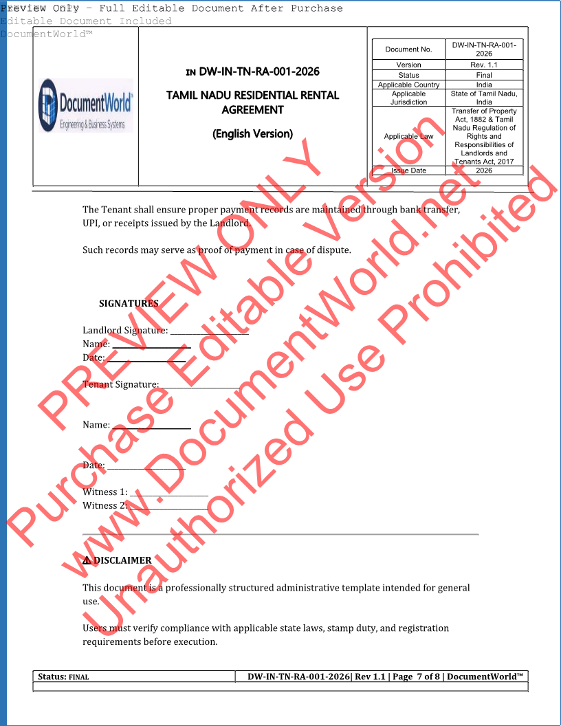 Tamil Nadu Residential Rental Agreement Template – Editable Word Format (2026 India Legal)