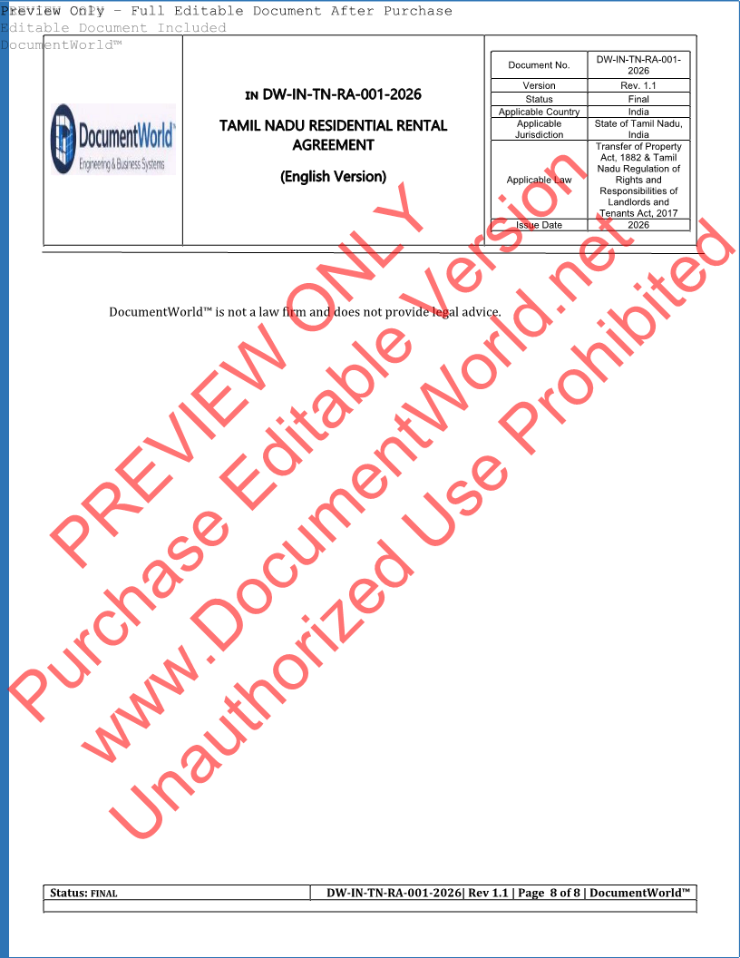 Tamil Nadu Residential Rental Agreement Template – Editable Word Format (2026 India Legal)