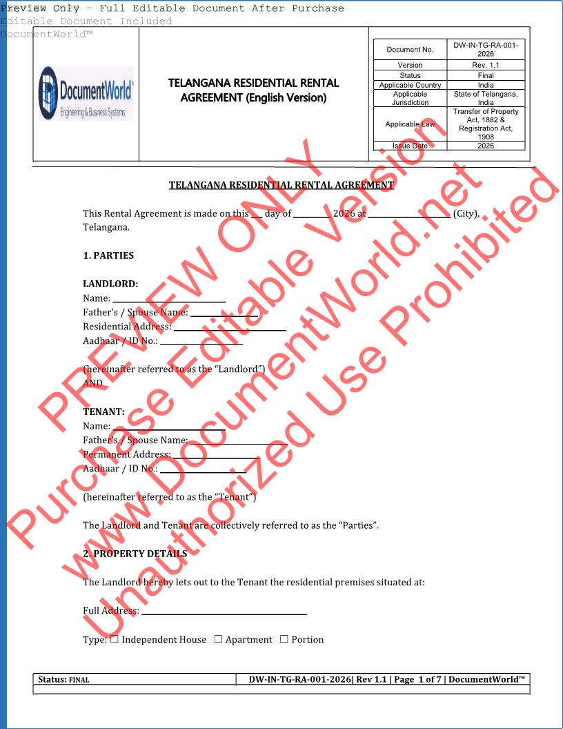 Telangana residential rental agreement template Hyderabad house rent agreement format editable Word India 2026