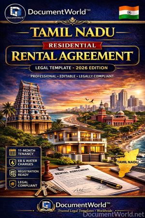 Download Tamil Nadu residential rental agreement template (2026). Editable Word format with 11-month tenancy, EB & water charges, police verification and registration-ready clauses.