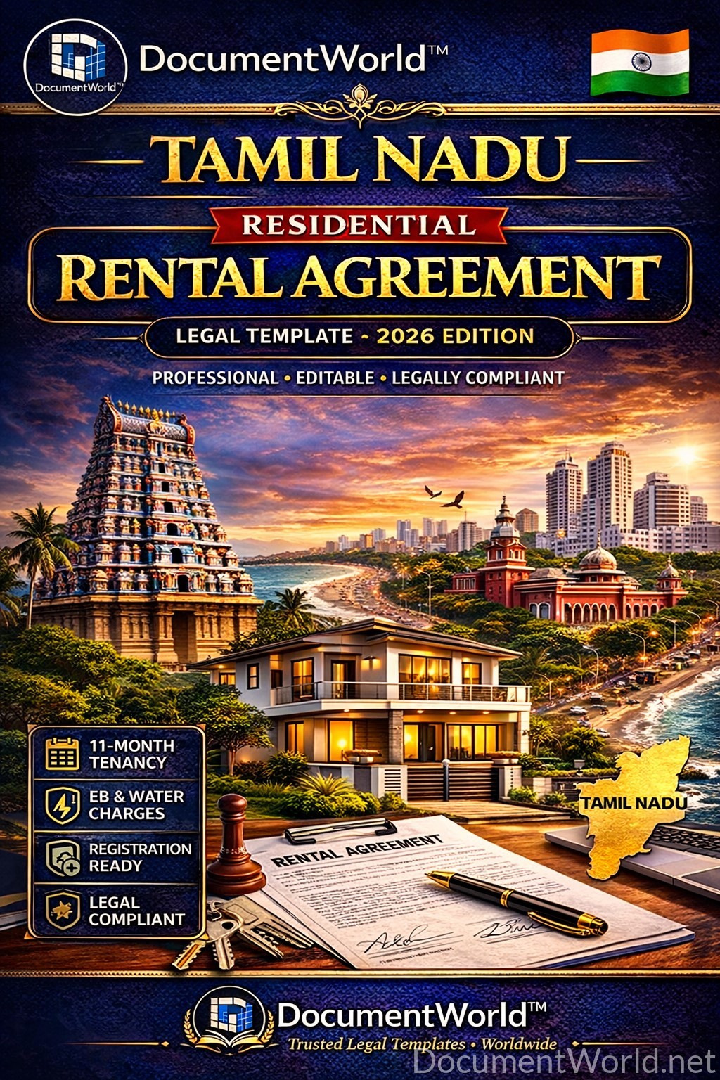 Download Tamil Nadu residential rental agreement template (2026). Editable Word format with 11-month tenancy, EB & water charges, police verification and registration-ready clauses.