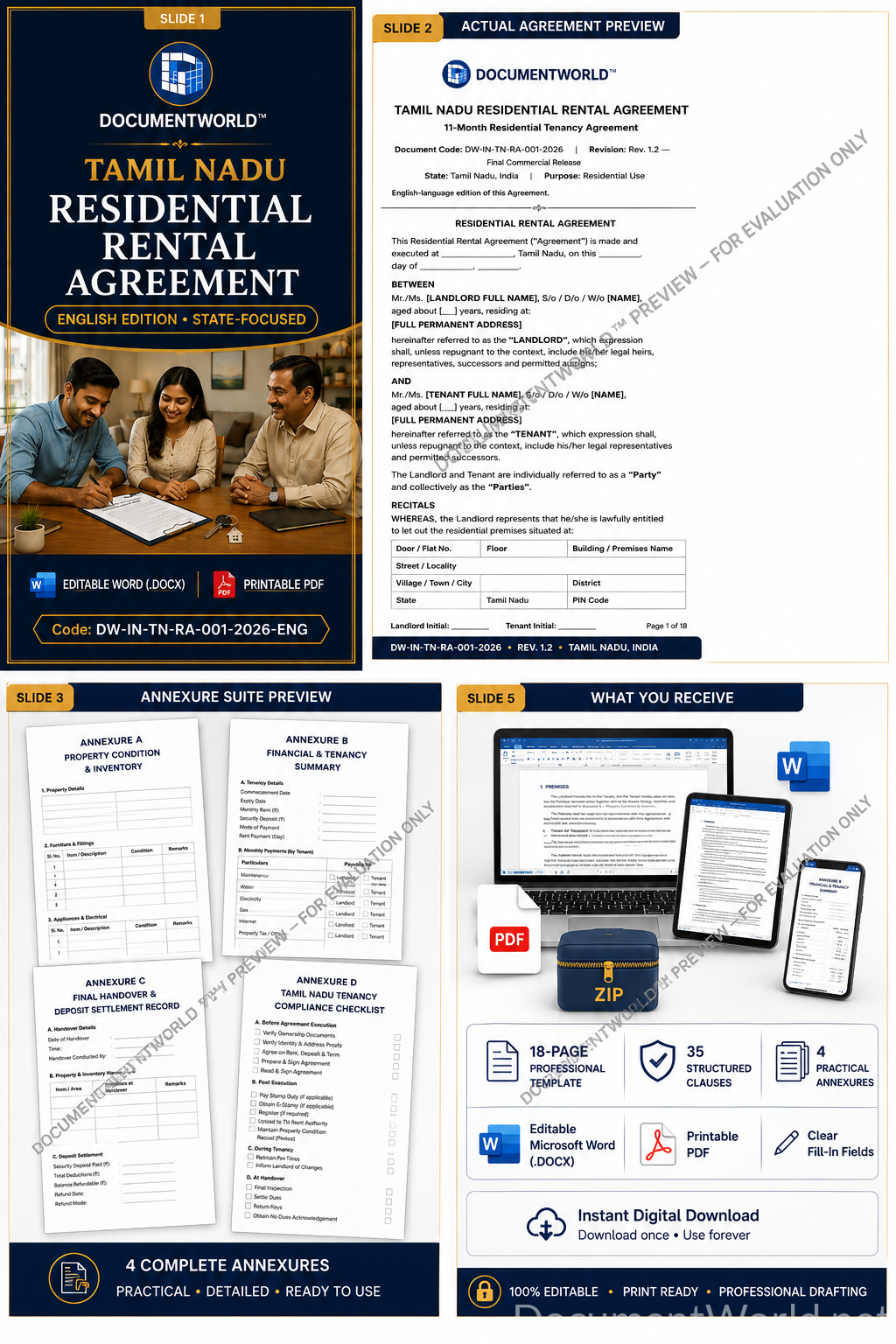 Tamil Nadu Residential Rental Agreement English Edition – editable Word and printable PDF template with 35 clauses and 4 annexures