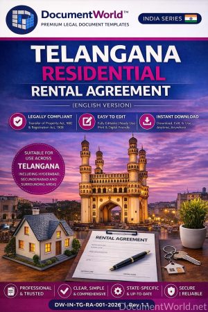 Download Telangana residential rental agreement template (2026). Editable Word format with 11-month tenancy, deposit terms, electricity charges, police verification, and registration-ready clauses.