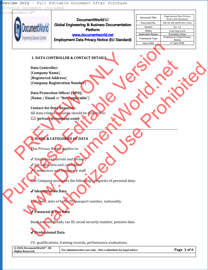 EU GDPR employee privacy policy template editable DOCX HR data protection document for European companies and SMEs