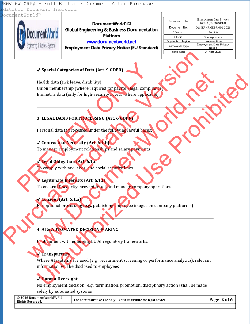 EU GDPR Employee Privacy Policy Template – Data Protection HR Document for European Businesses (Editable DOCX)