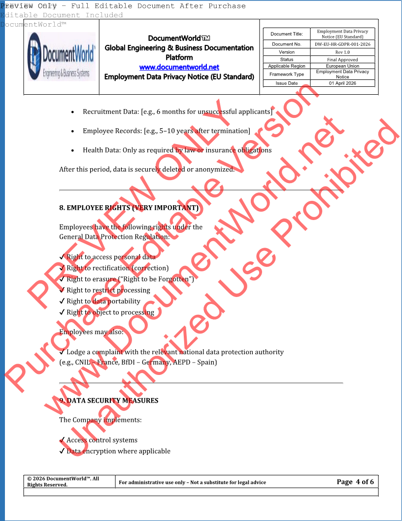EU GDPR Employee Privacy Policy Template – Data Protection HR Document for European Businesses (Editable DOCX)
