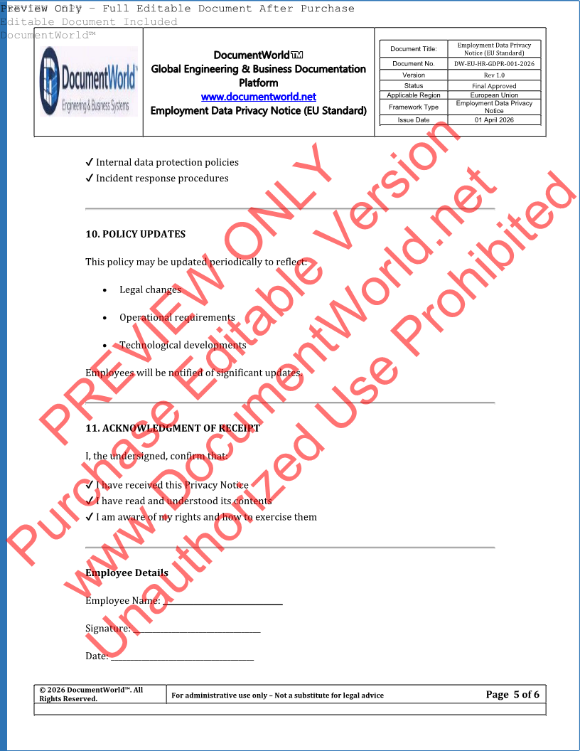 EU GDPR Employee Privacy Policy Template – Data Protection HR Document for European Businesses (Editable DOCX)