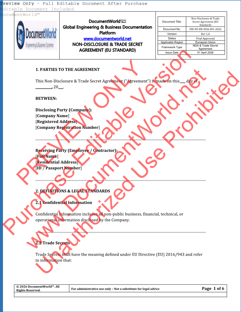 EU NDA agreement template editable DOCX confidentiality contract trade secret agreement GDPR compliant European business document